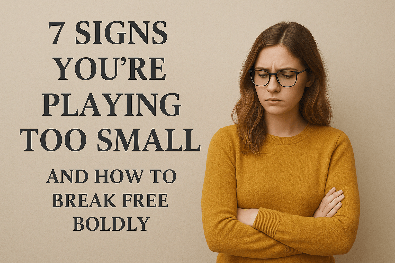 Serious young woman in a mustard sweater standing beside bold text that reads ‘7 Signs You’re Playing Too Small and How to Break Free Boldly’ on a beige background.