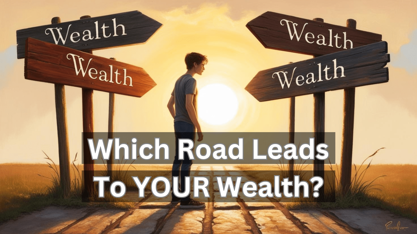 a person standing at a crossroads with a sign pointing to each direction that says wealth