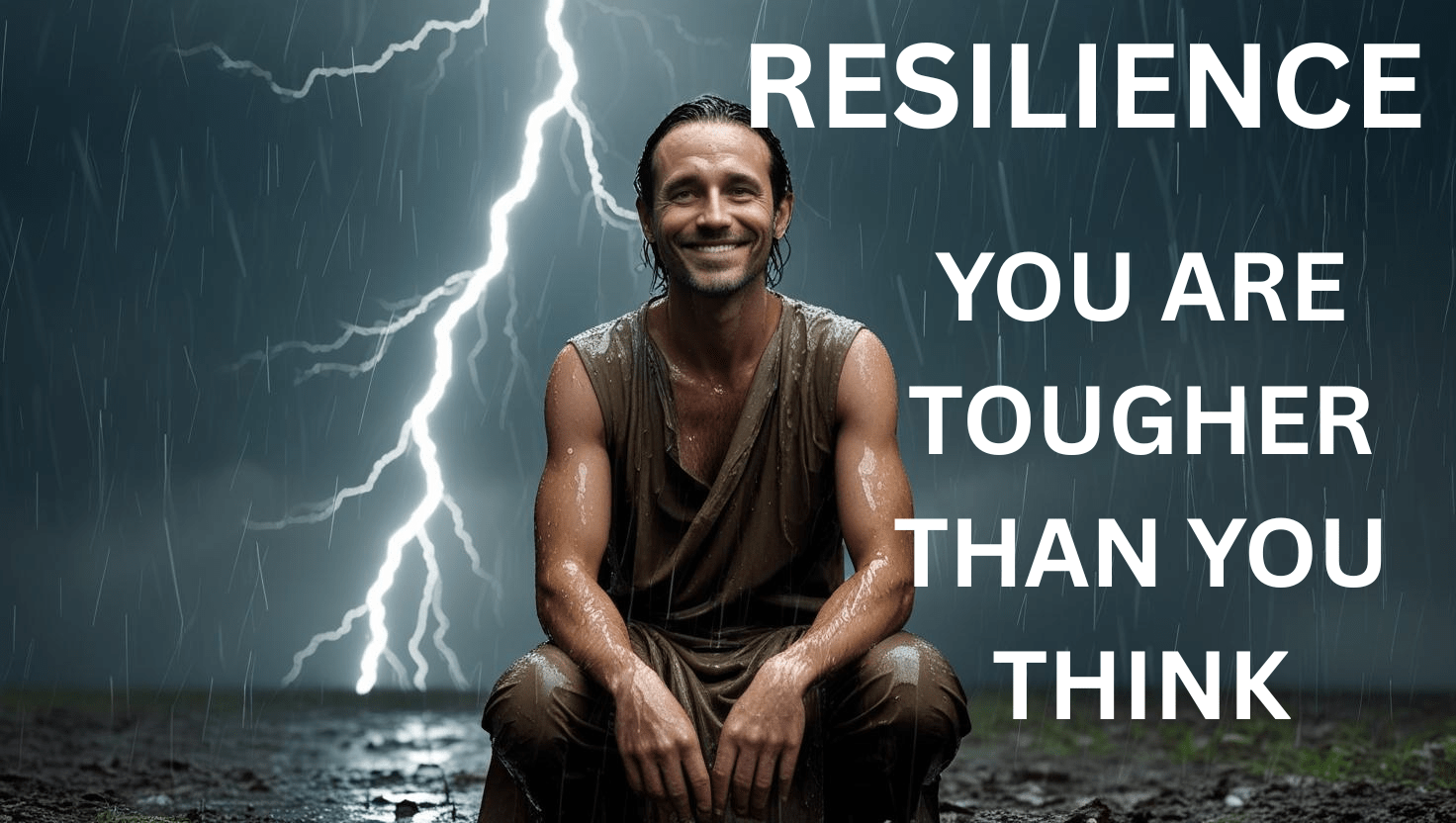 Smiling man kneeling in the rain with lightning in the background, symbolising resilience and inner strength. Text overlay reads: "Resilience – You are tougher than you think."