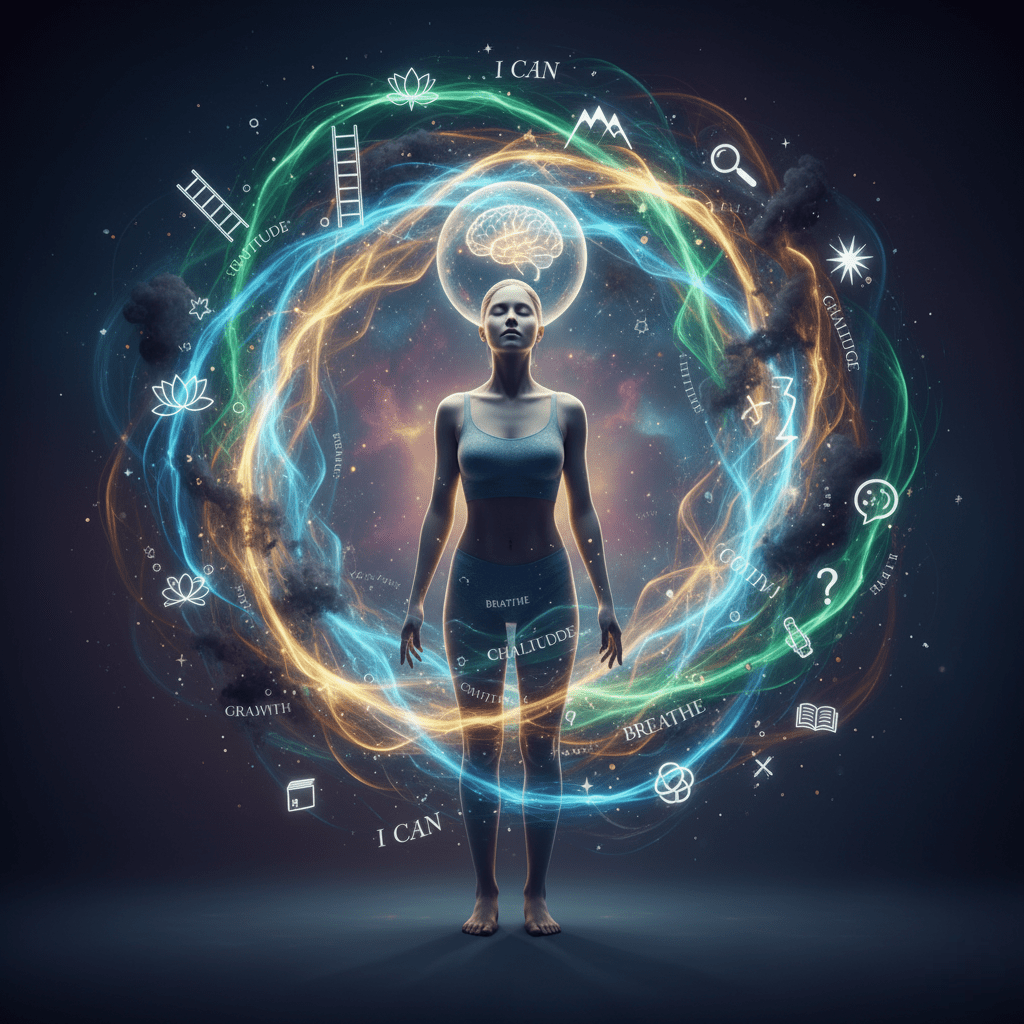 A person surrounded by swirling thoughts and light, symbolizing the power of mindset and internal dialogue.