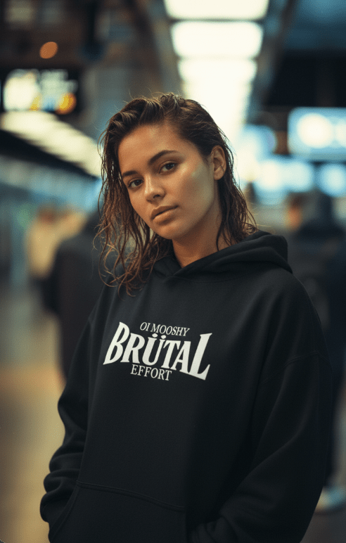 Black hoodie with the words Brutal Effort and Oi Mooshy