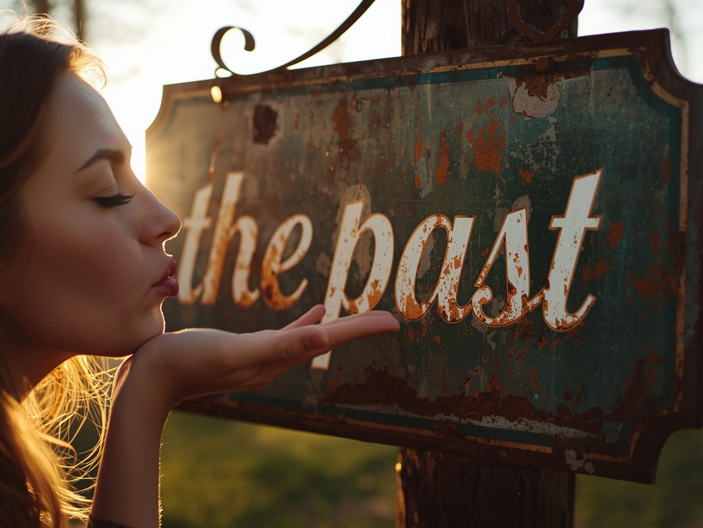 a young woman is blowing a kiss to a sign that says 'the past' symbolising she is saying goodbye to her past and now looking forward to the future