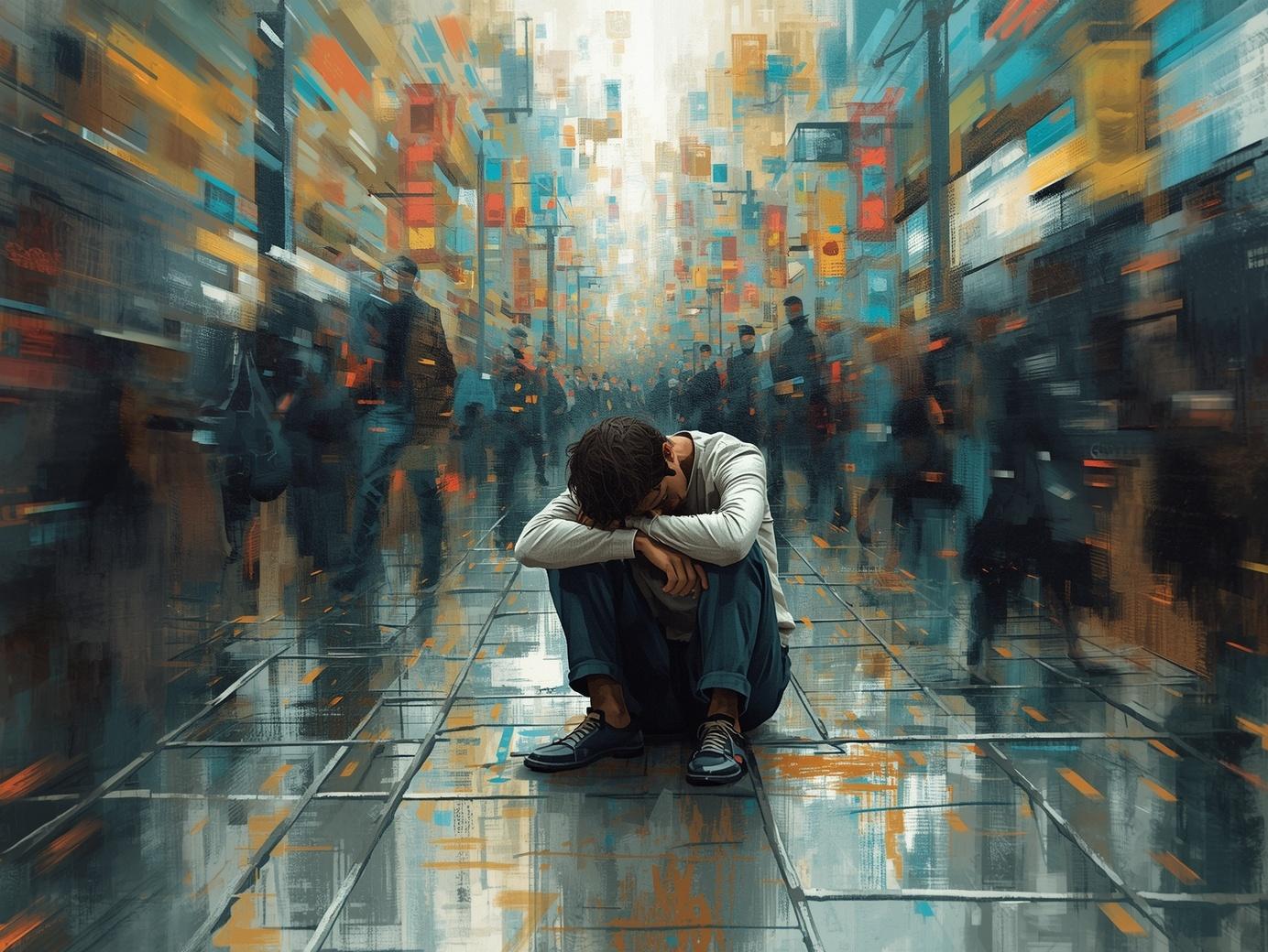 ADHD and feeling lazy concept showing a man alone in a busy blurred crowd with negative self-belief message