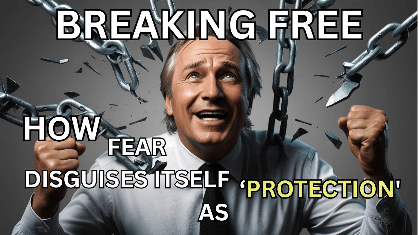 A middle-aged man smiling in relief as he realises fear disguises itself and so he now breaks the chains around him – symbolizing freedom from fear and self-doubt