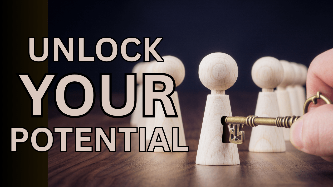 Alt text: Hand unlocking a wooden figure with a brass key, symbolizing personal growth and the message “Unlock Your Potential.”