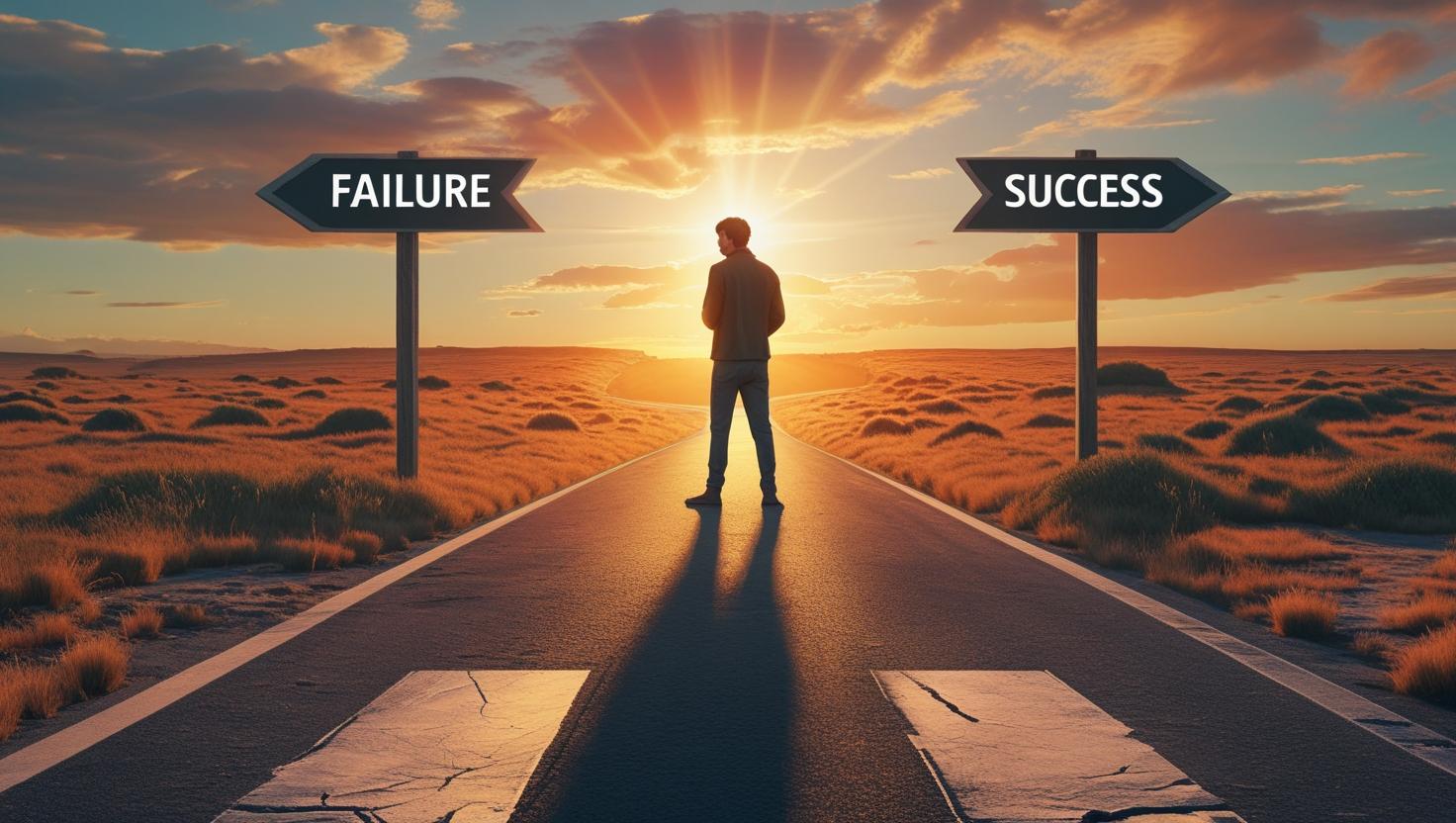 A person standing at a fork in the road — one path labeled “Failure,” the other labeled “Success.” The person is hesitating, backlit by sunrise