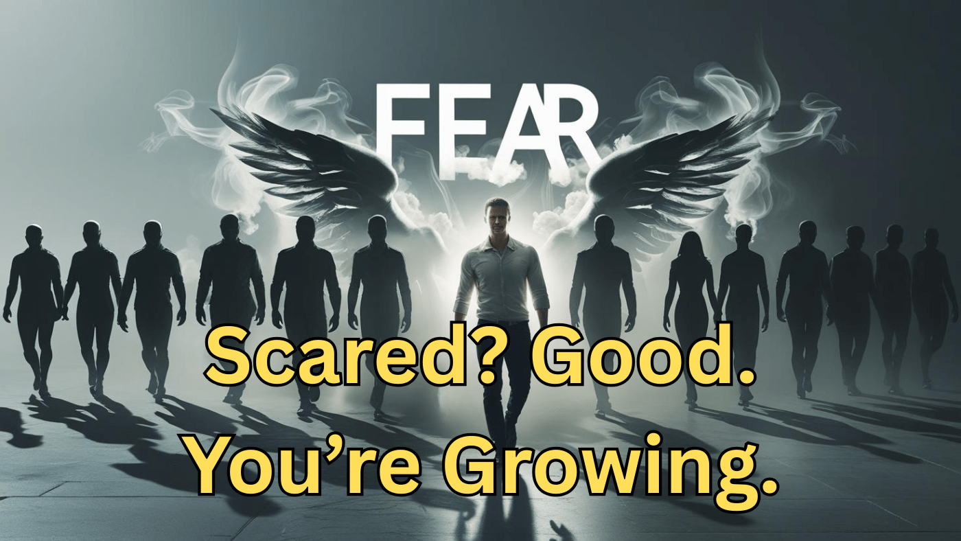 A dramatic, black and white image of a confident man walking forward, leaving a line of dark silhouettes behind him. The large word 'FEAR' is visible above him with stylized wings, illustrating that fear is a superpower when you walk through it.