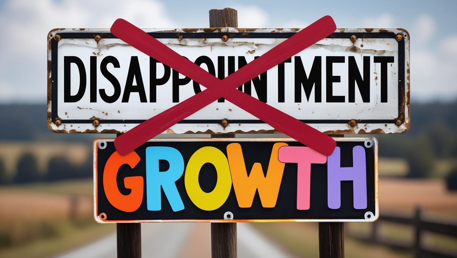 A weathered road sign with the word ‘Disappointment’ crossed out in red, revealing a colorful sign below that says ‘Growth’ in bold, playful letters — symbolizing personal transformation.