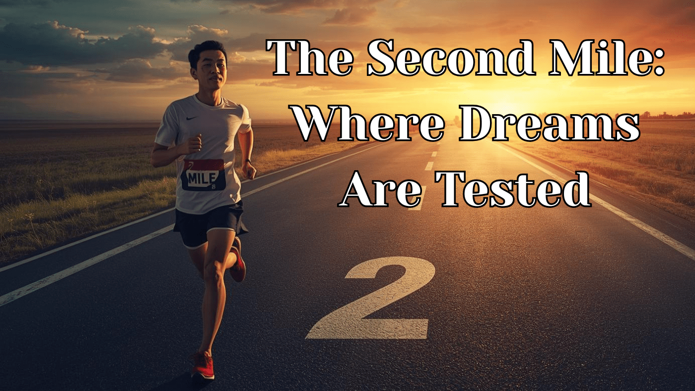 A determined runner on an open road at sunset, passing the mile 2 marker, symbolising persistence and pushing through life’s toughest challenges... the second mile.