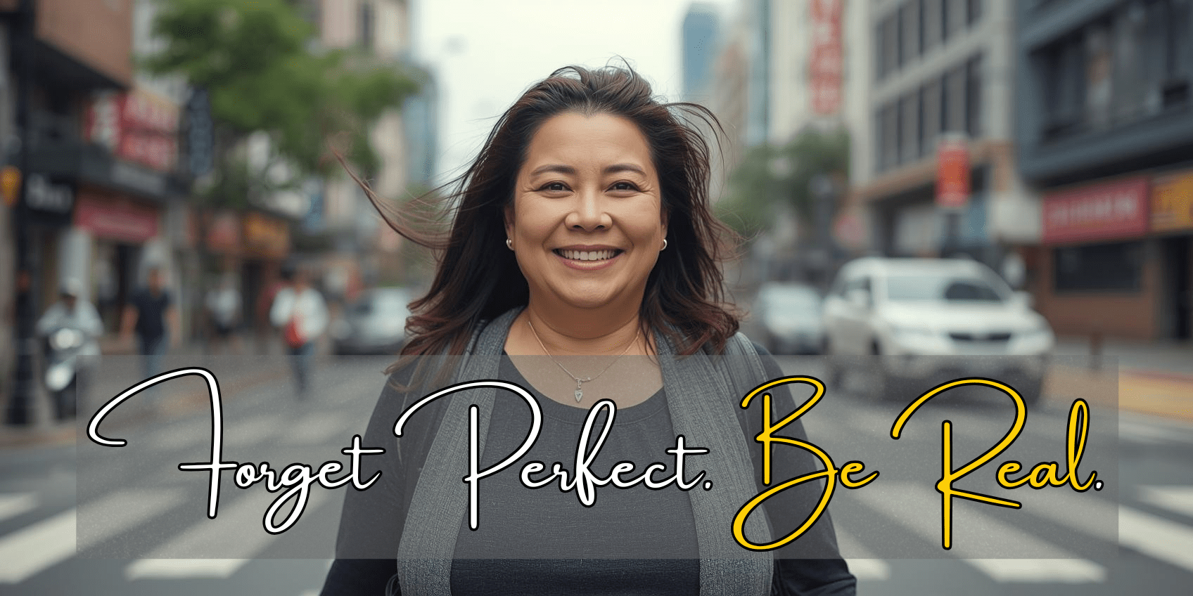 A confident woman walking across a city street, smiling warmly at the camera. Overlay text reads ‘Forget Perfect. Be Real.’ The image conveys authenticity, self-assurance, and unapologetic Main Character Energy.