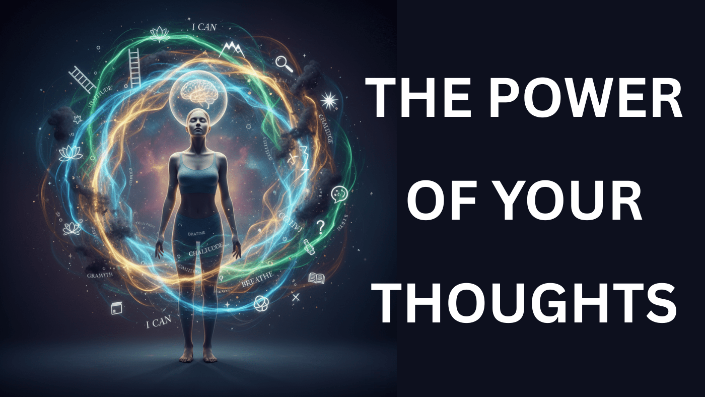 A person surrounded by swirling thoughts and light, symbolizing the power of thought and internal dialogue.