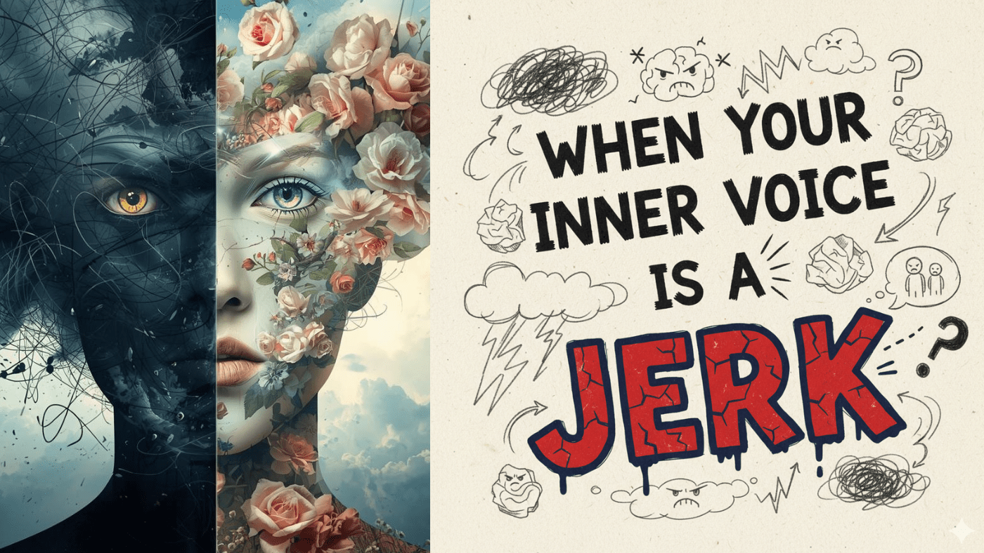 Split image of a woman’s face showing dark chaotic thoughts on one side and flowers and calm on the other, symbolizing negative self-talk and inner peace. Text beside image reads “When your inner voice is a jerk.”