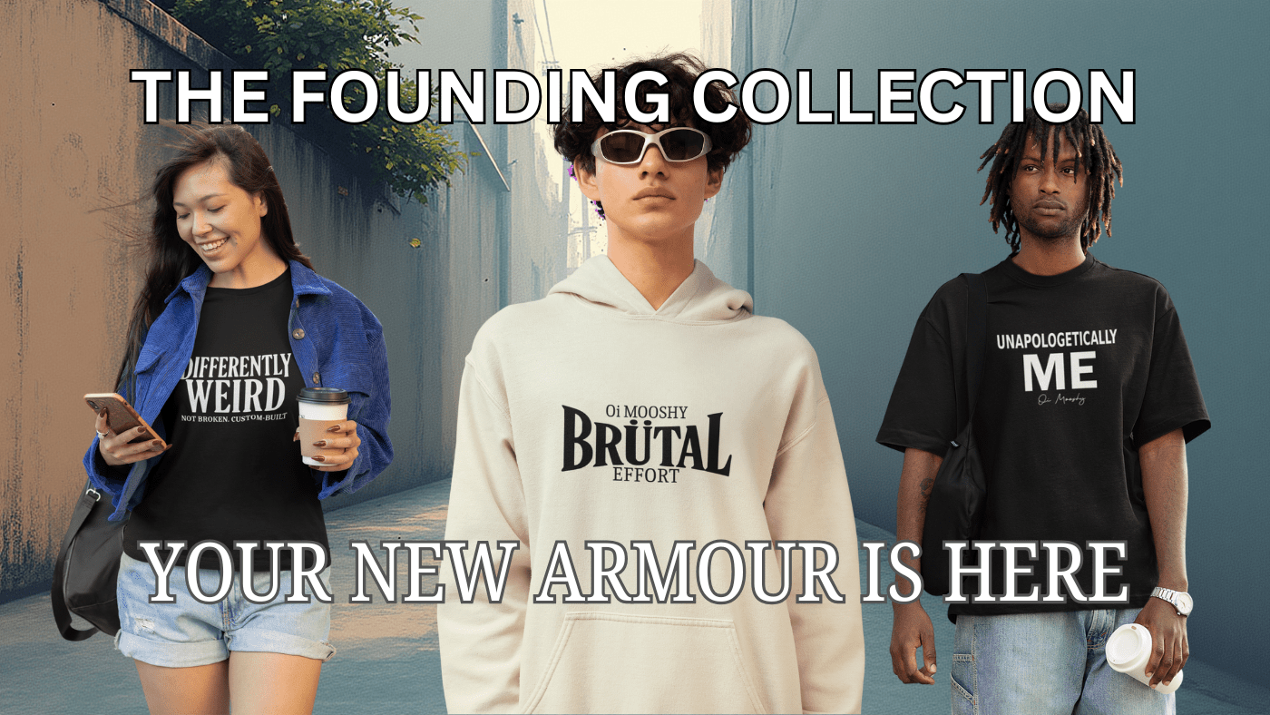Three models stand in a dramatic urban alleyway, each wearing a statement tee from The Founding Collection. Left shirt reads “DIFFERENTLY WEIRD On Purpose, With Purpose,” center reads “ON MODERATELY BRUTAL EFFORT,” and right reads “UNAPOLOGETICALLY ME On Purpose.” A bright light glows behind them, with overlay text declaring: “THE FOUNDING COLLECTION – YOUR NEW ARMOUR IS HERE.”