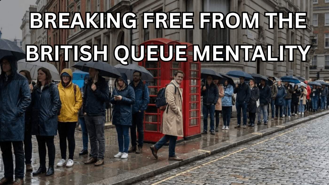 A long line of people queueing on a rainy British street, most holding umbrellas and standing patiently beside a red phone box. One person steps out of the line with a confident smile, symbolising “queueing for permission” and choosing to break free from the British queue mentality.