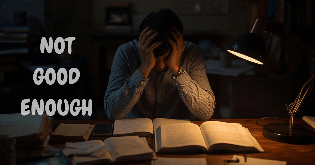 Man sitting at a desk with head in hands under a lamp, representing ADHD not good enough and emotional overwhelm